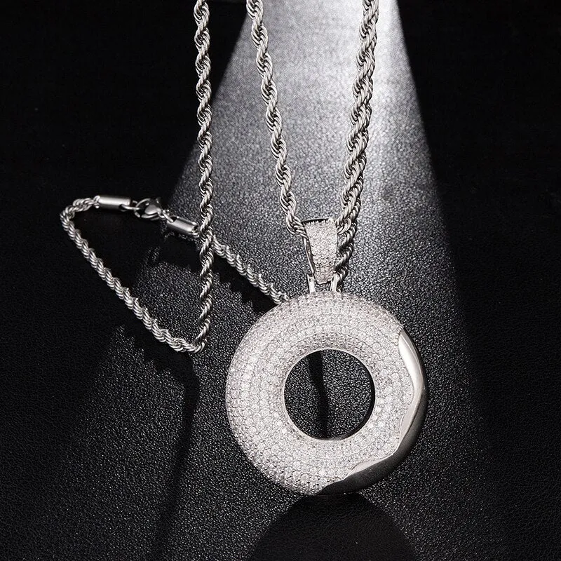 Cubic-Zirconia-Studded Doughnut Bling Hip-hop Pendant Necklace