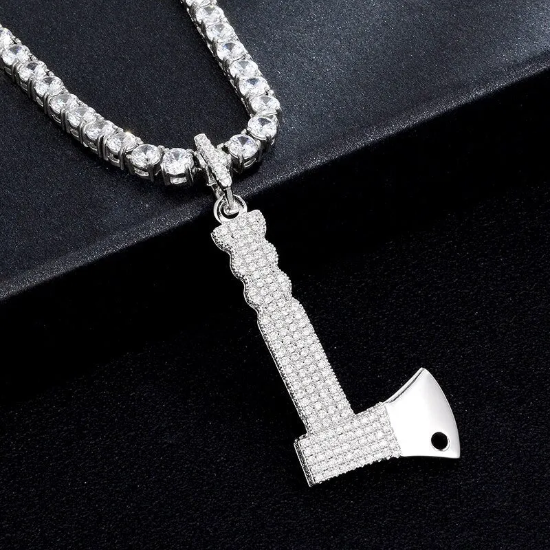 Cubic-Zirconia-Studded Hatchet Bling Hip-hop Pendant Necklace