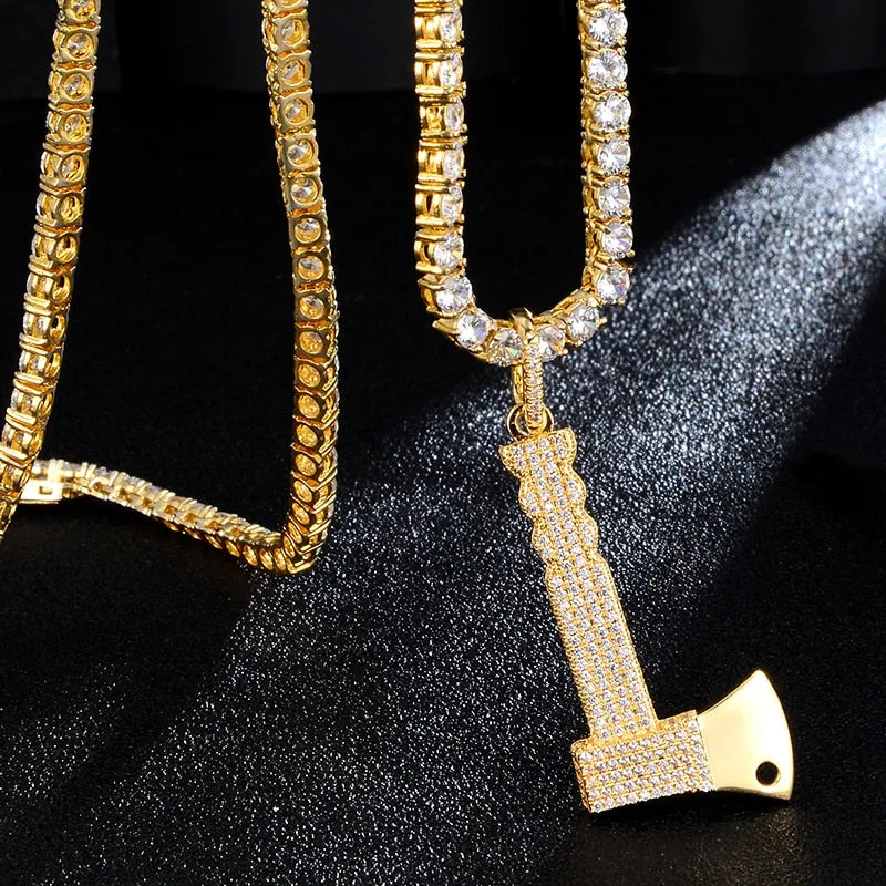 Cubic-Zirconia-Studded Hatchet Bling Hip-hop Pendant Necklace