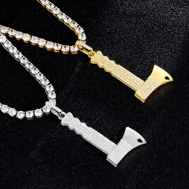 Cubic-Zirconia-Studded Hatchet Bling Hip-hop Pendant Necklace