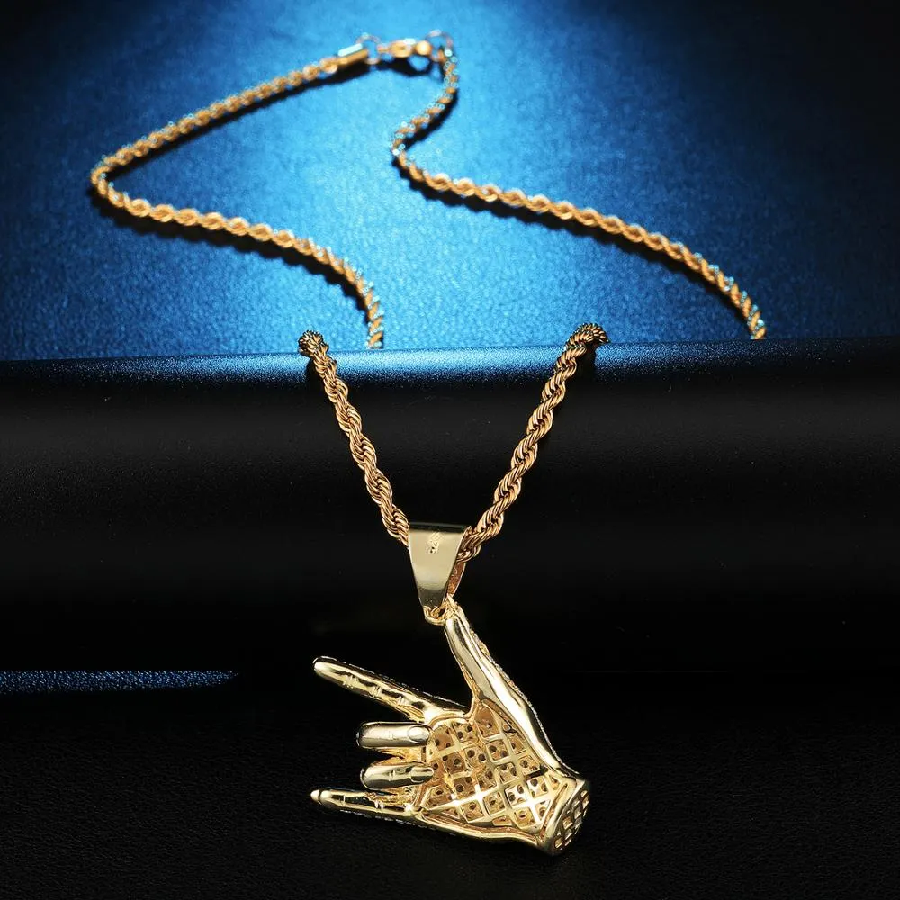 Cubic-Zirconia-Studded Rock Hand Gesture Bling Hip-hop Pendant Necklace