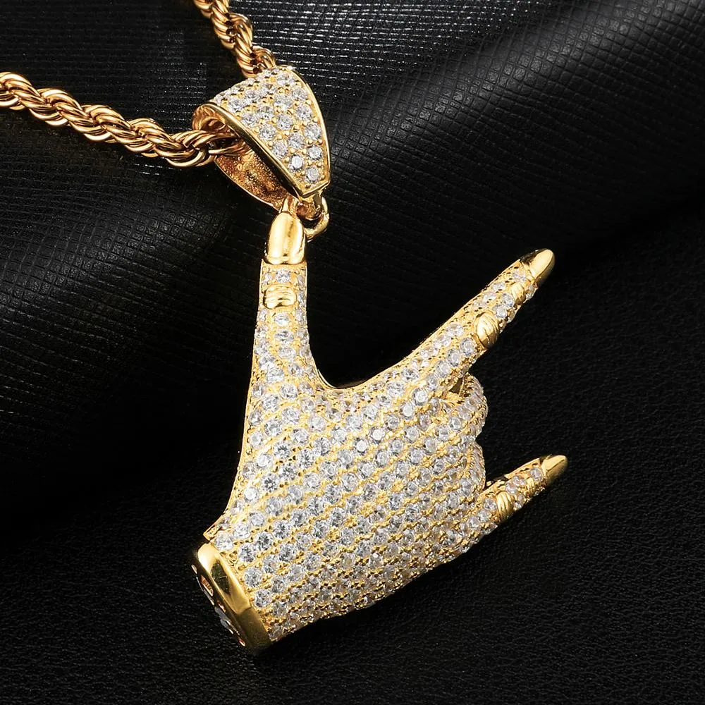 Cubic-Zirconia-Studded Rock Hand Gesture Bling Hip-hop Pendant Necklace