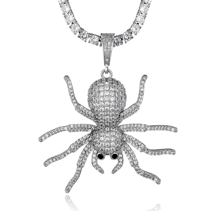 Cubic-Zirconia-Studded Spider Hip-hop Pendant Necklace