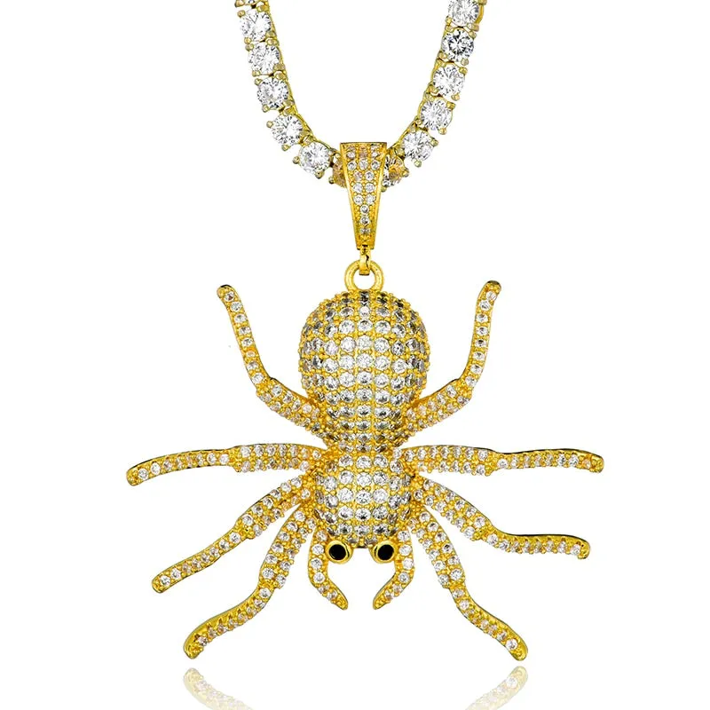 Cubic-Zirconia-Studded Spider Hip-hop Pendant Necklace