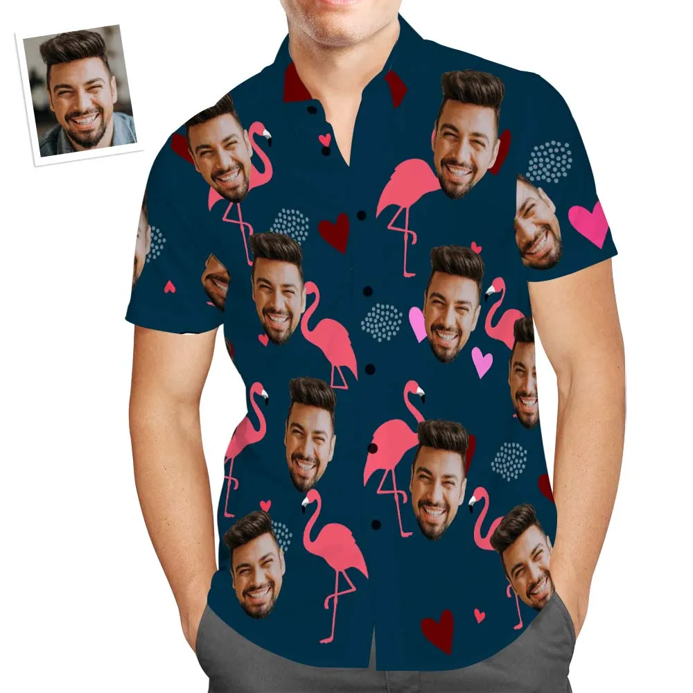 Custom Face Flamingo and Heart Men's All Over Print Aloha Hawaiian Shirt