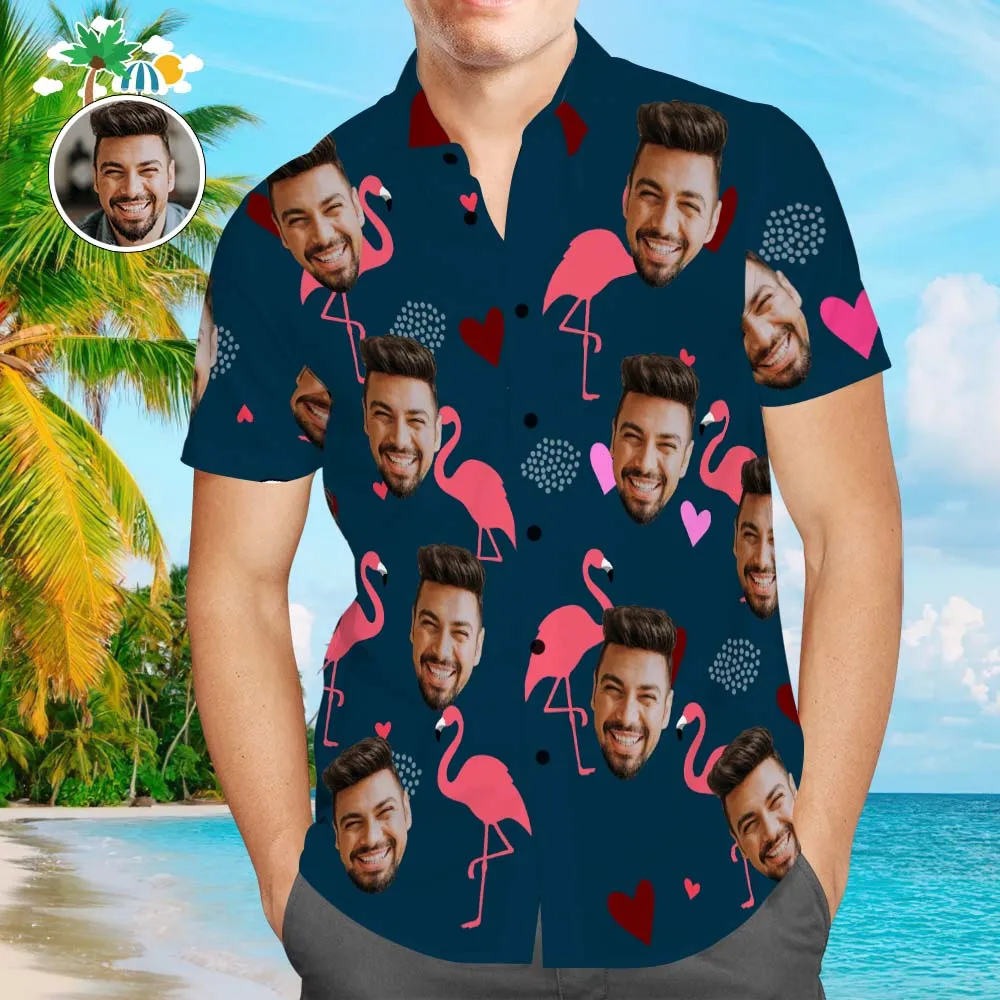 Custom Face Flamingo and Heart Men's All Over Print Aloha Hawaiian Shirt