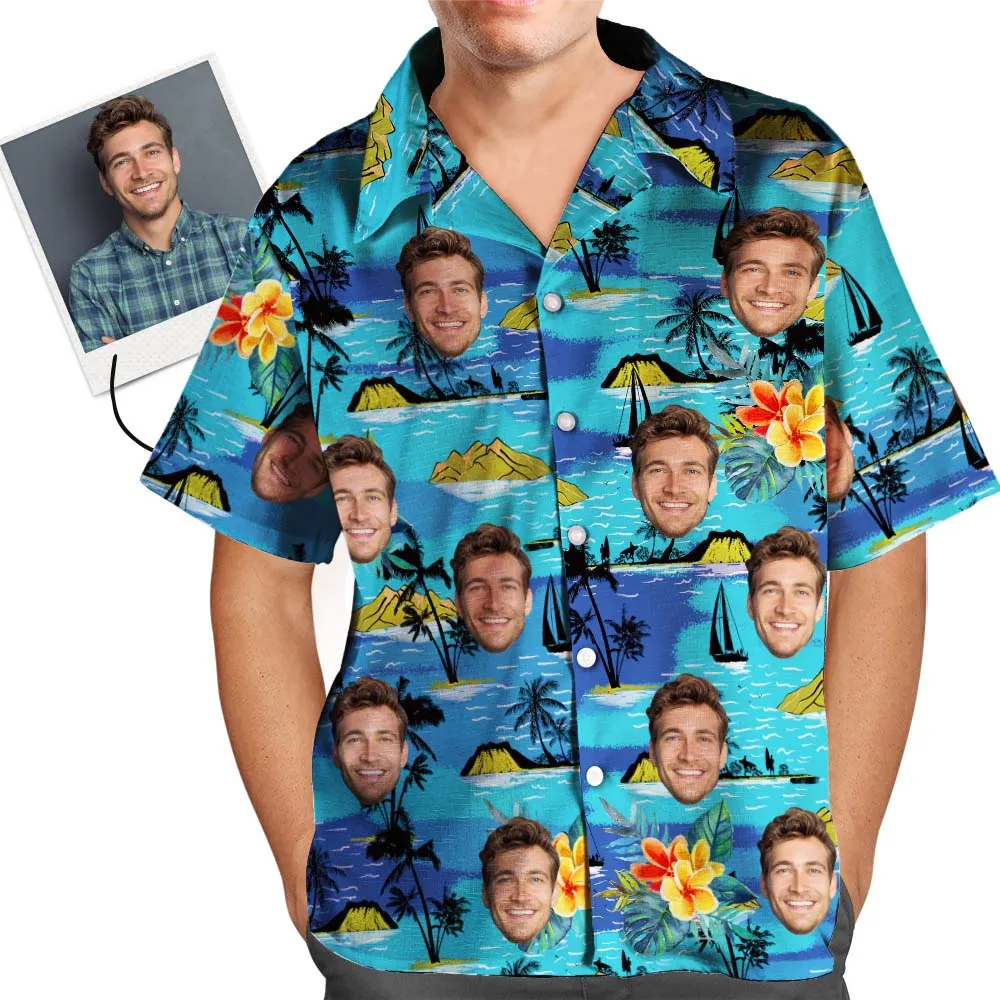 Custom Face Hawaiian Shirt Men's All Over Print Large Leaves Short Sleeve Shirt