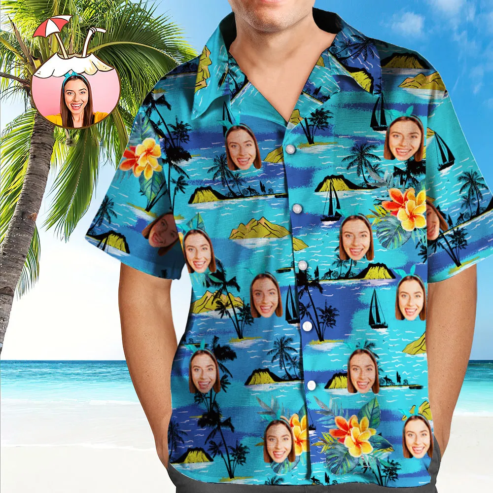 Custom Face Hawaiian Shirt Men's All Over Print Large Leaves Short Sleeve Shirt