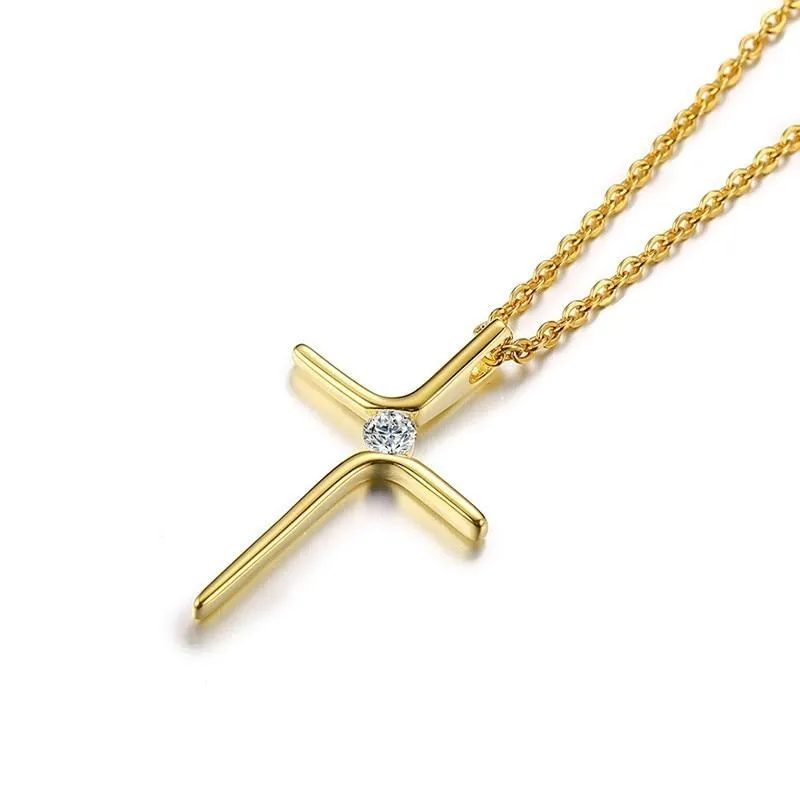 Dainty Gold Colored Cross with Zirconia Crystal Pendant Necklace