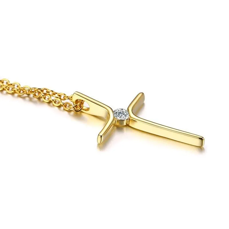 Dainty Gold Colored Cross with Zirconia Crystal Pendant Necklace