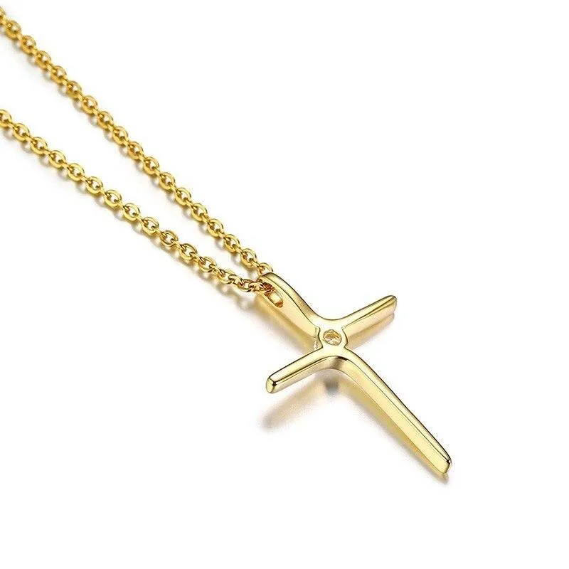 Dainty Gold Colored Cross with Zirconia Crystal Pendant Necklace