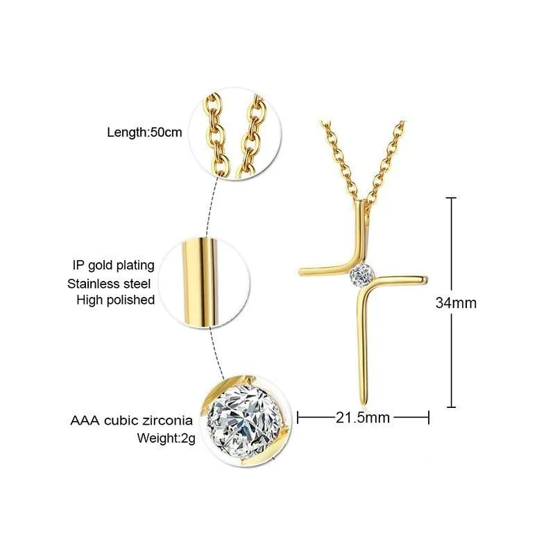 Dainty Gold Colored Cross with Zirconia Crystal Pendant Necklace