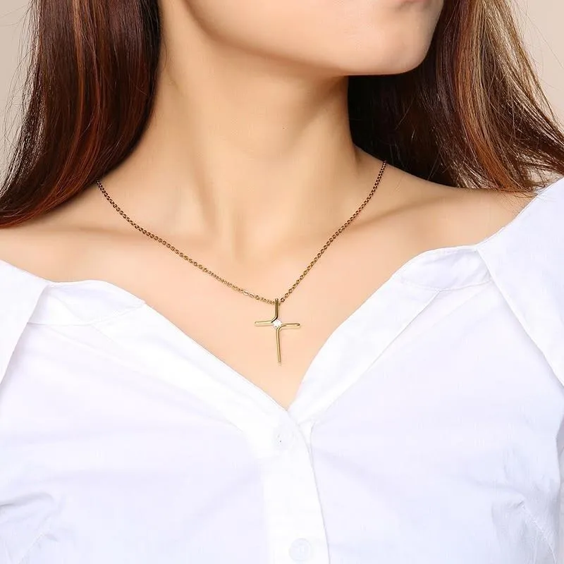 Dainty Gold Colored Cross with Zirconia Crystal Pendant Necklace