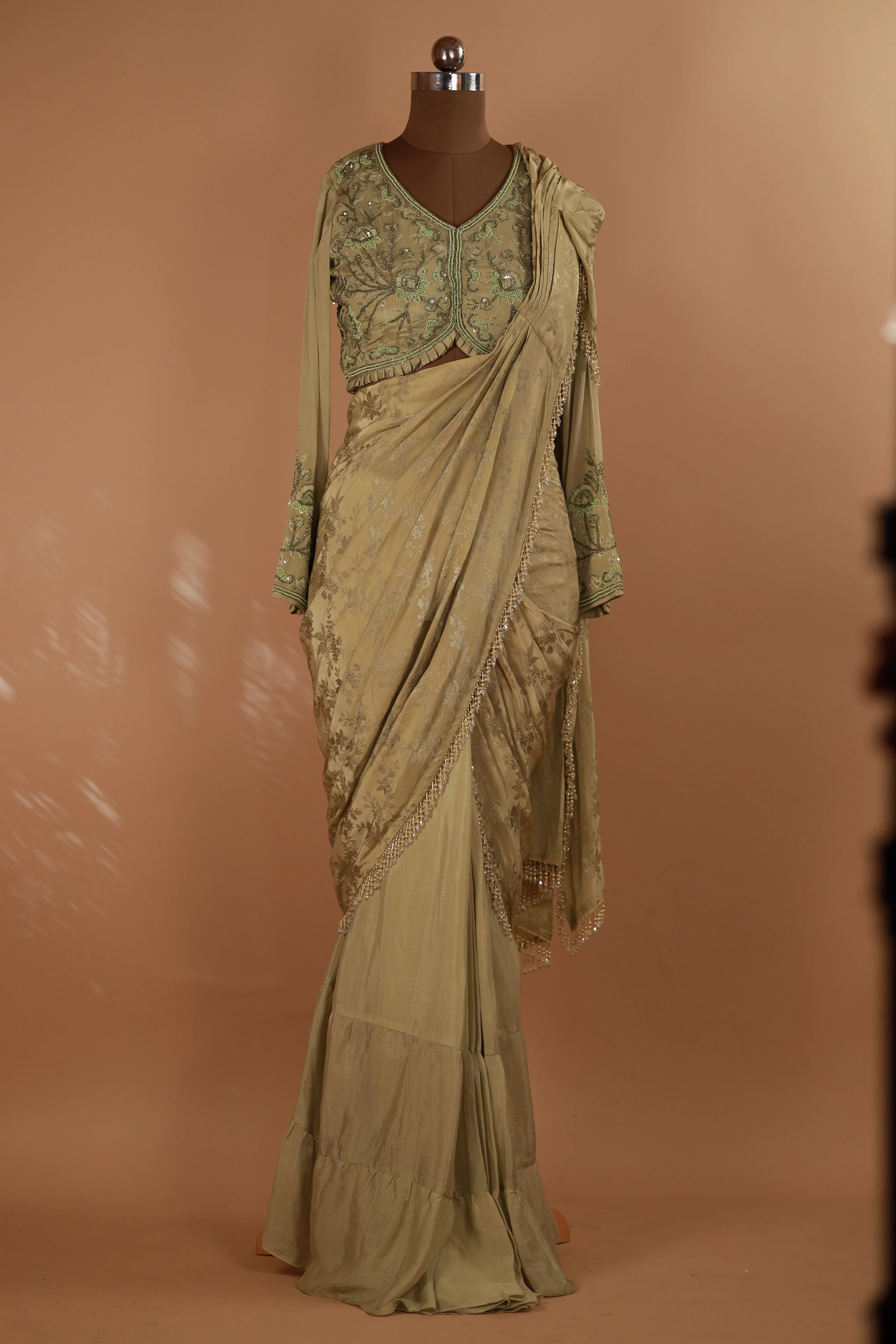 Designer Green Hand Embroidered Drape Saree