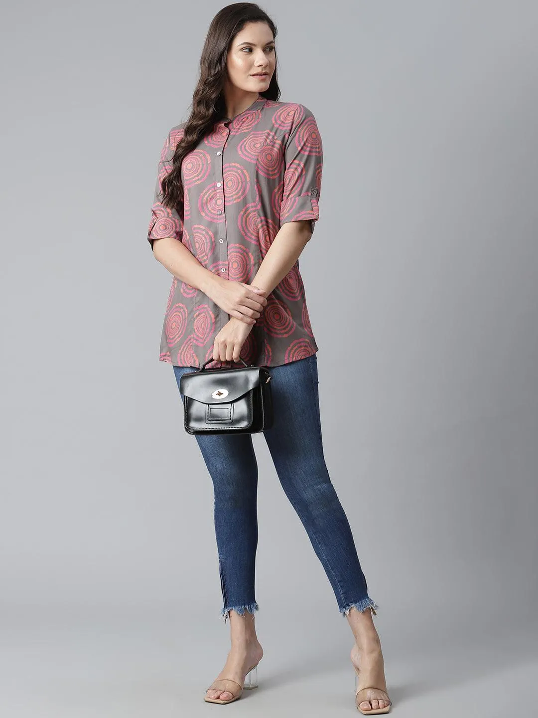 Divena Grey Spiral Rayon Print Top