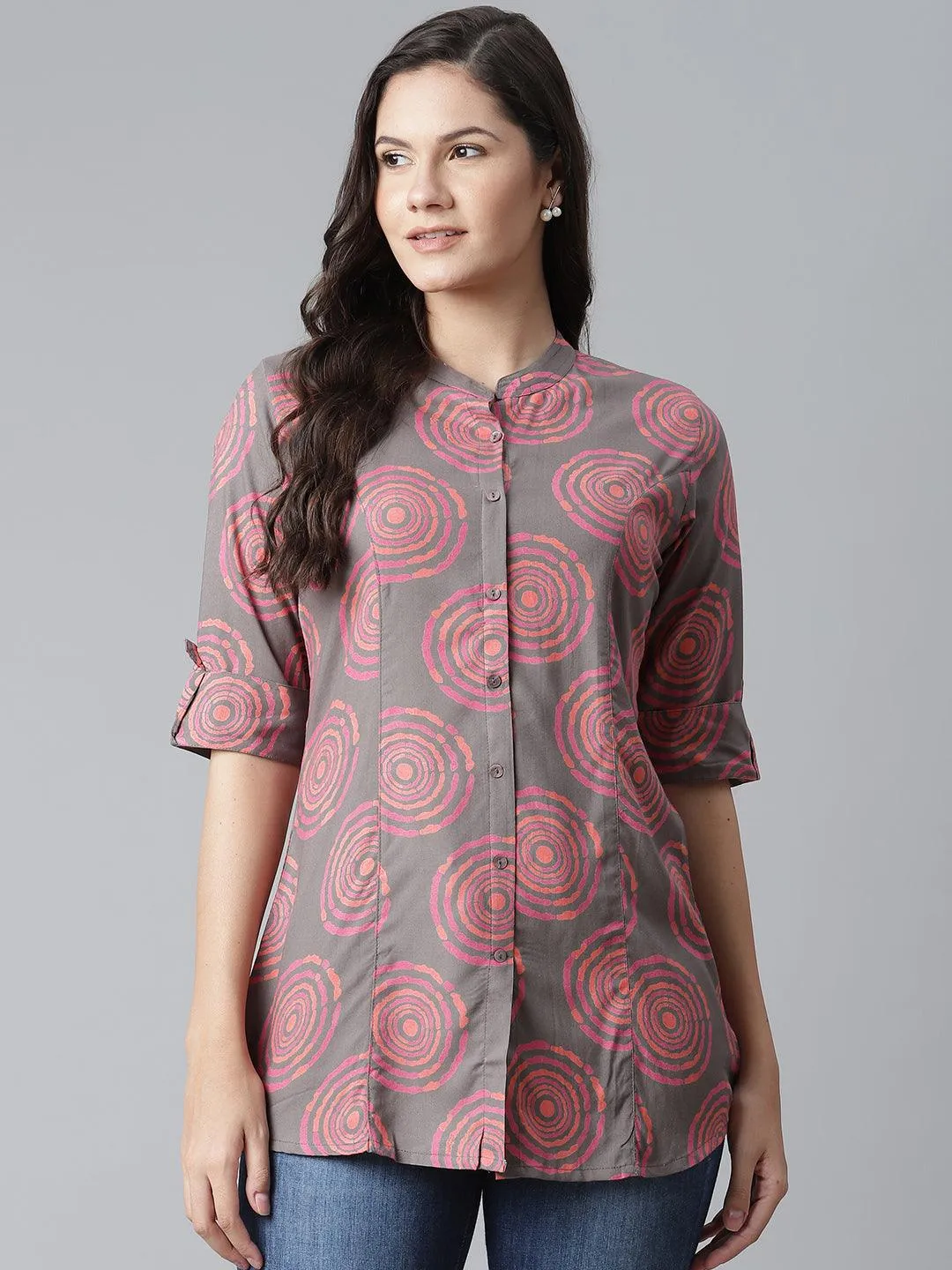 Divena Grey Spiral Rayon Print Top