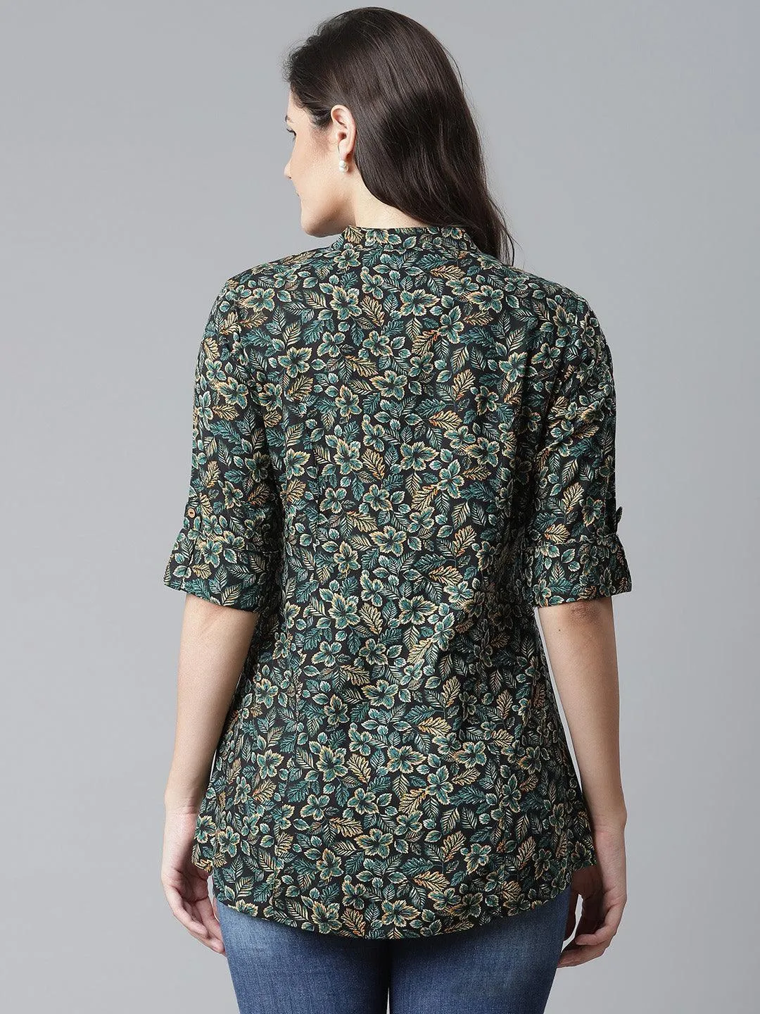 Divena Navy Blue Green Rayon Printed Top