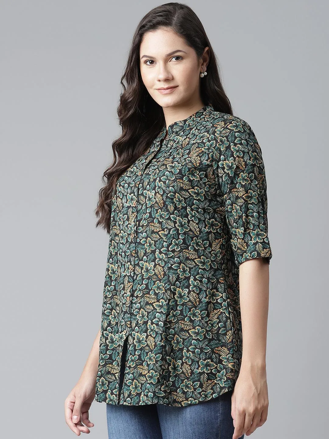 Divena Navy Blue Green Rayon Printed Top