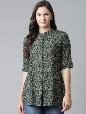 Divena Navy Blue Green Rayon Printed Top