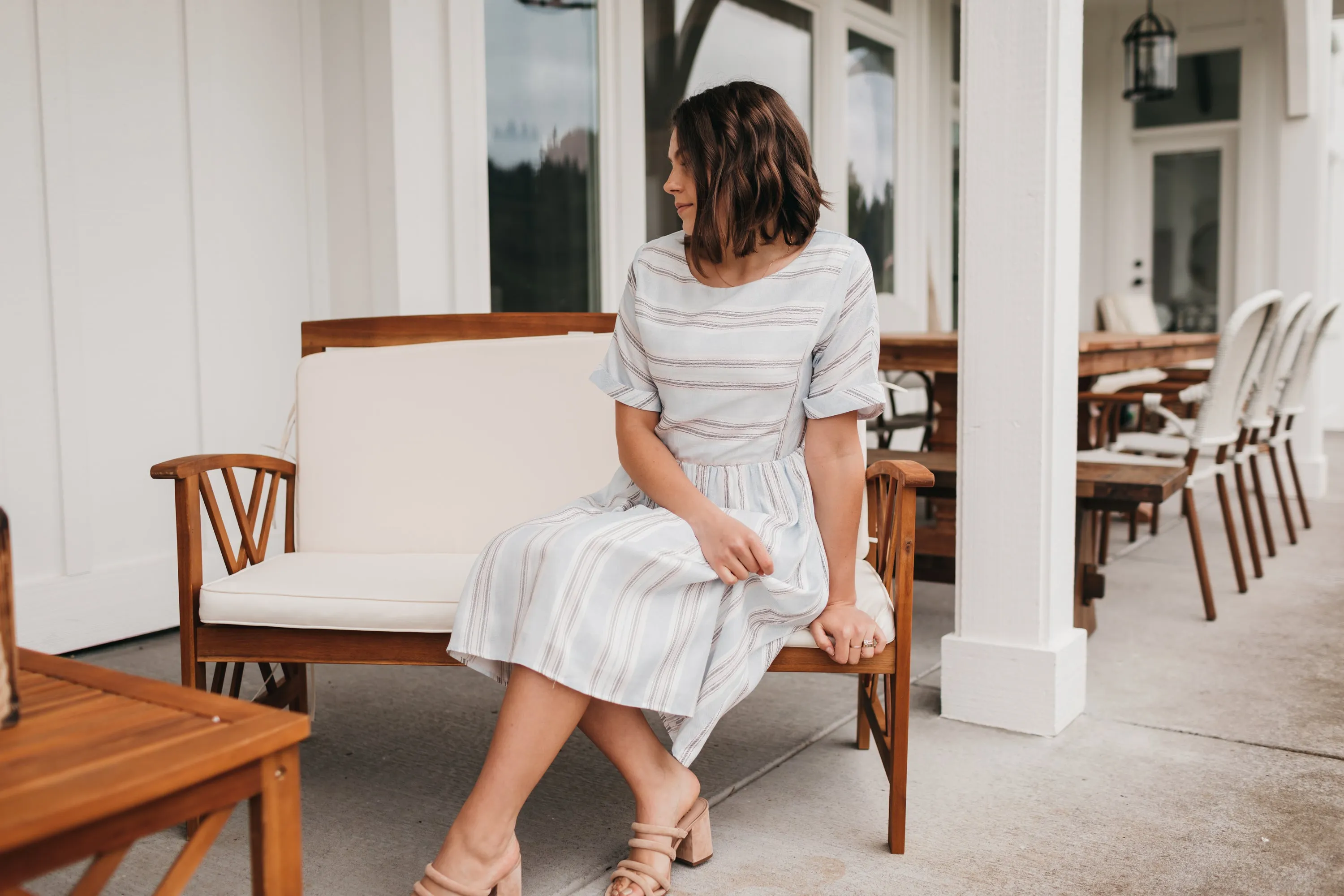 Doris Light Blue Dress in Stripes