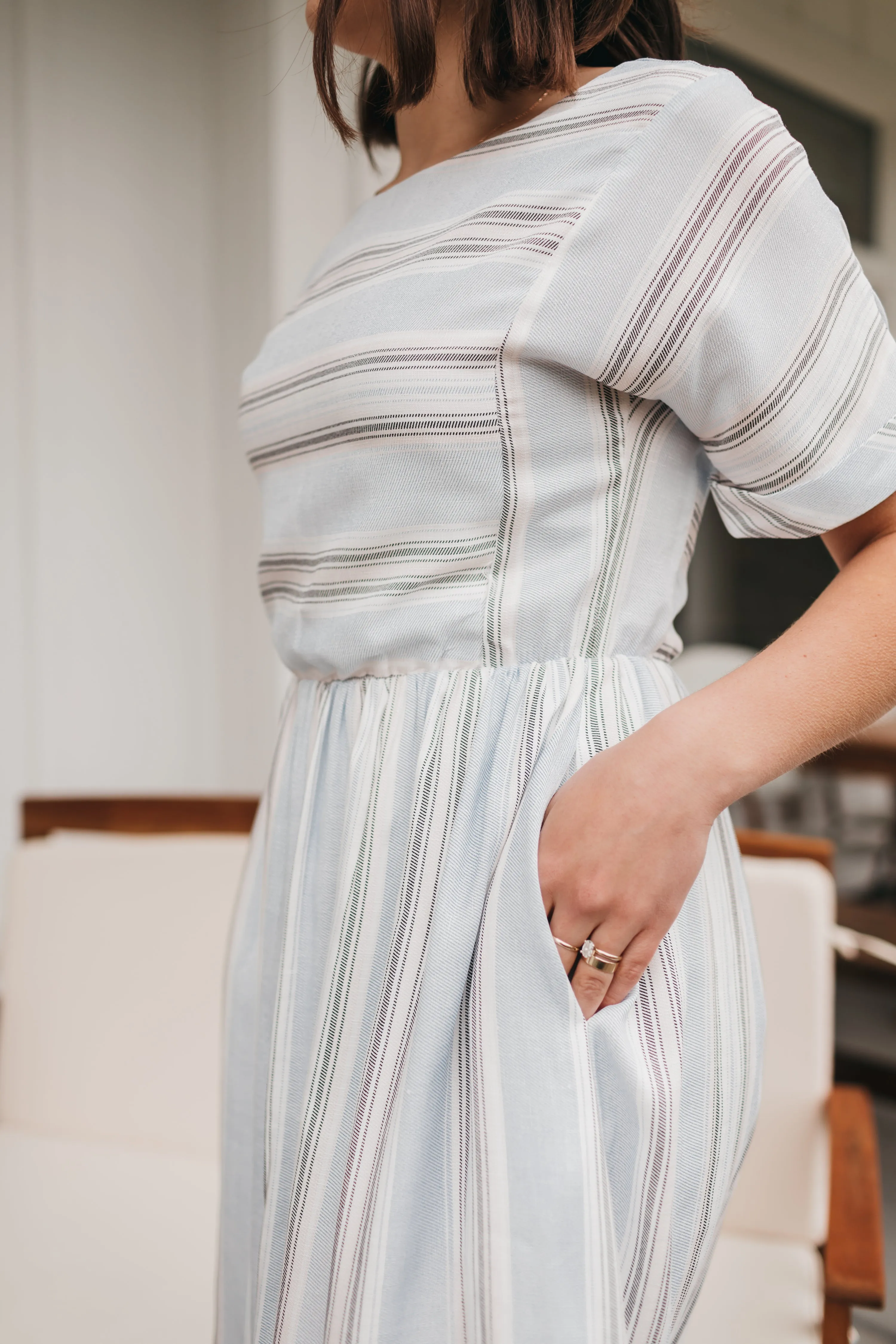 Doris Light Blue Dress in Stripes