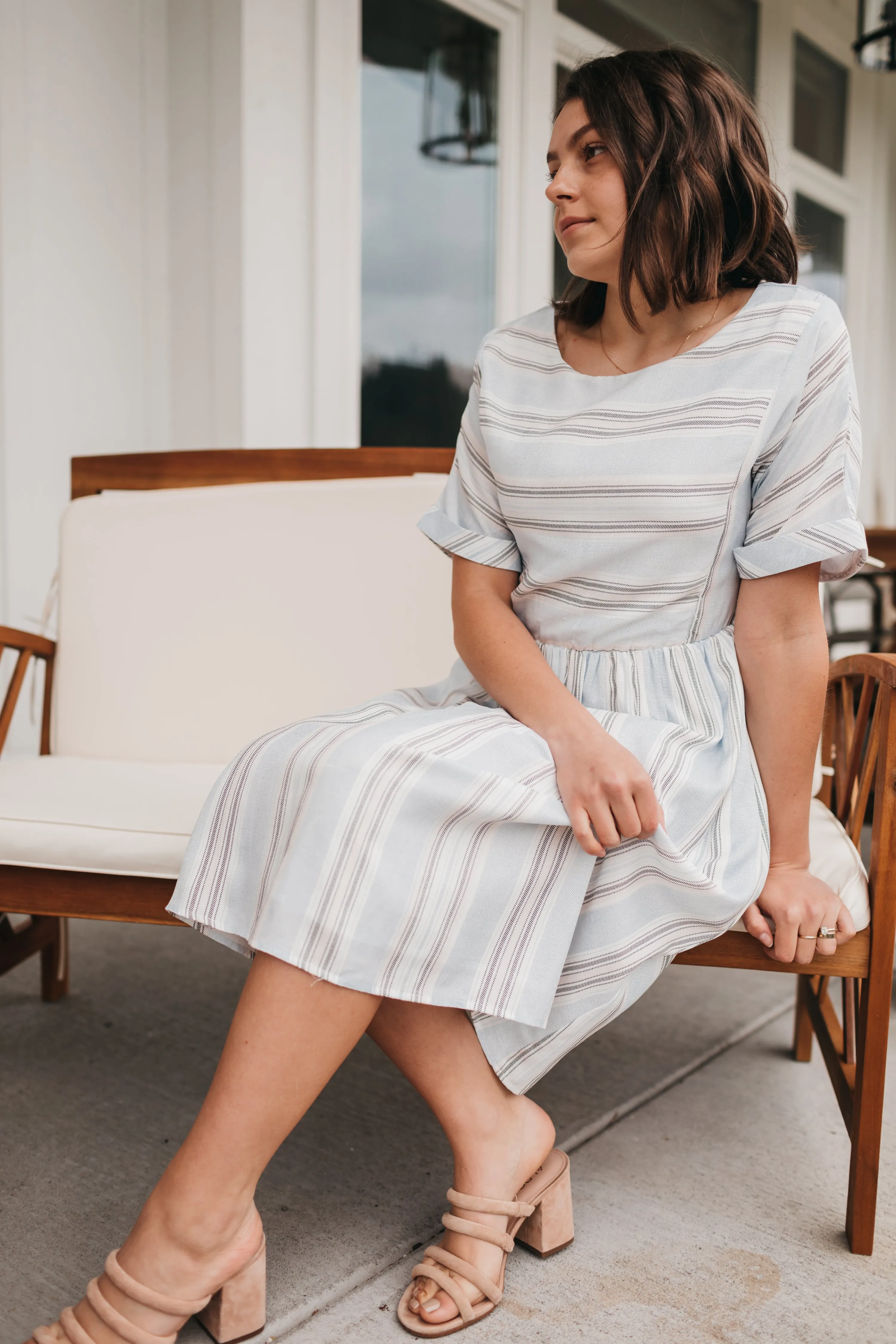 Doris Light Blue Dress in Stripes