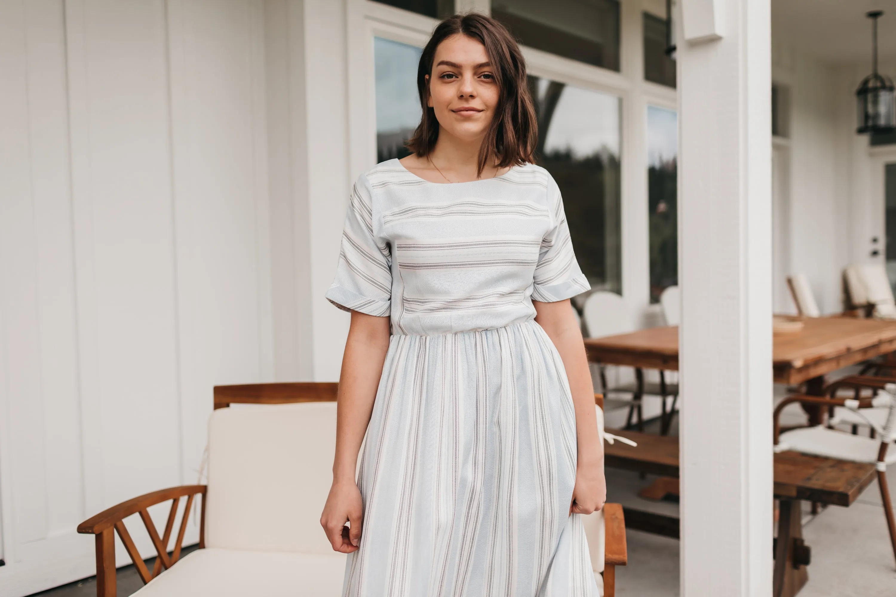 Doris Light Blue Dress in Stripes