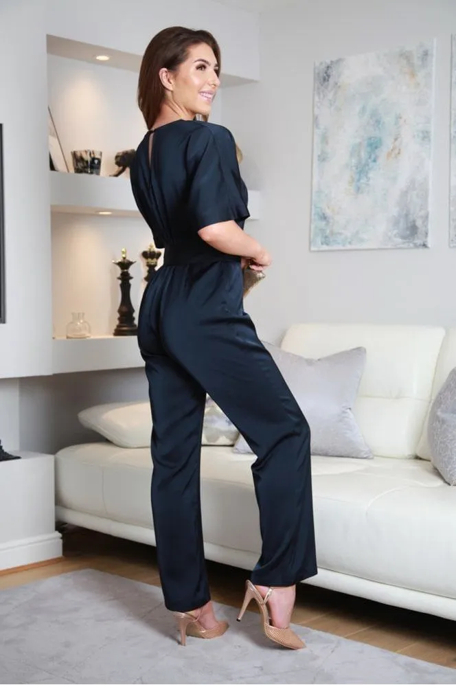 Double Second Navy Satin V-neck Jumpsuit