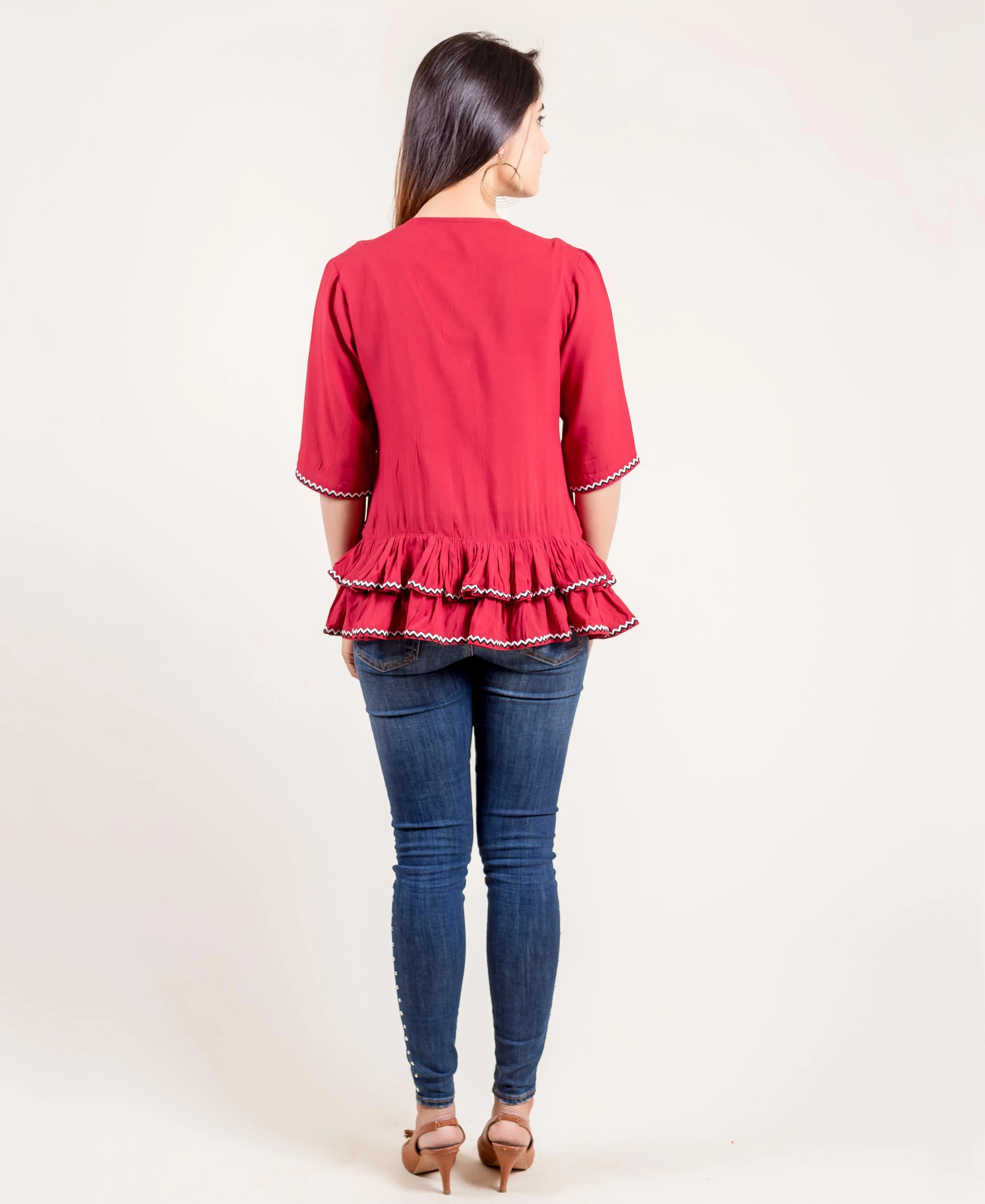 Embroidered Rayon Frilled Rust Top