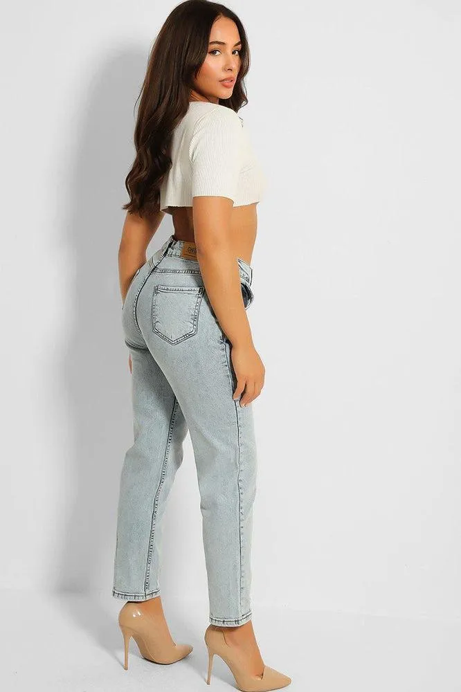 Faded Blue Stone Wash Straight Leg Jeans