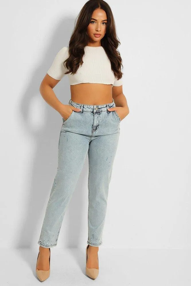 Faded Blue Stone Wash Straight Leg Jeans