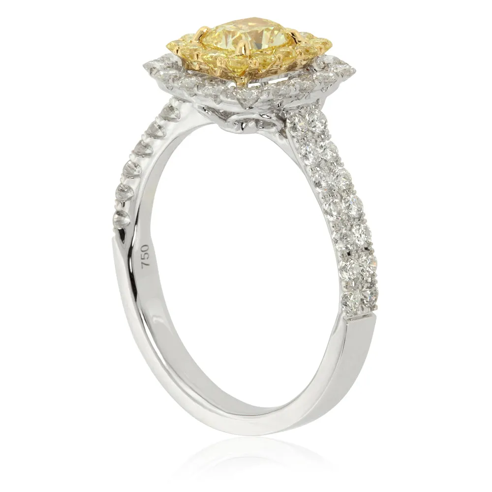 Fancy Yellow Cushion Diamond Halo Engagement Ring 18K White Gold