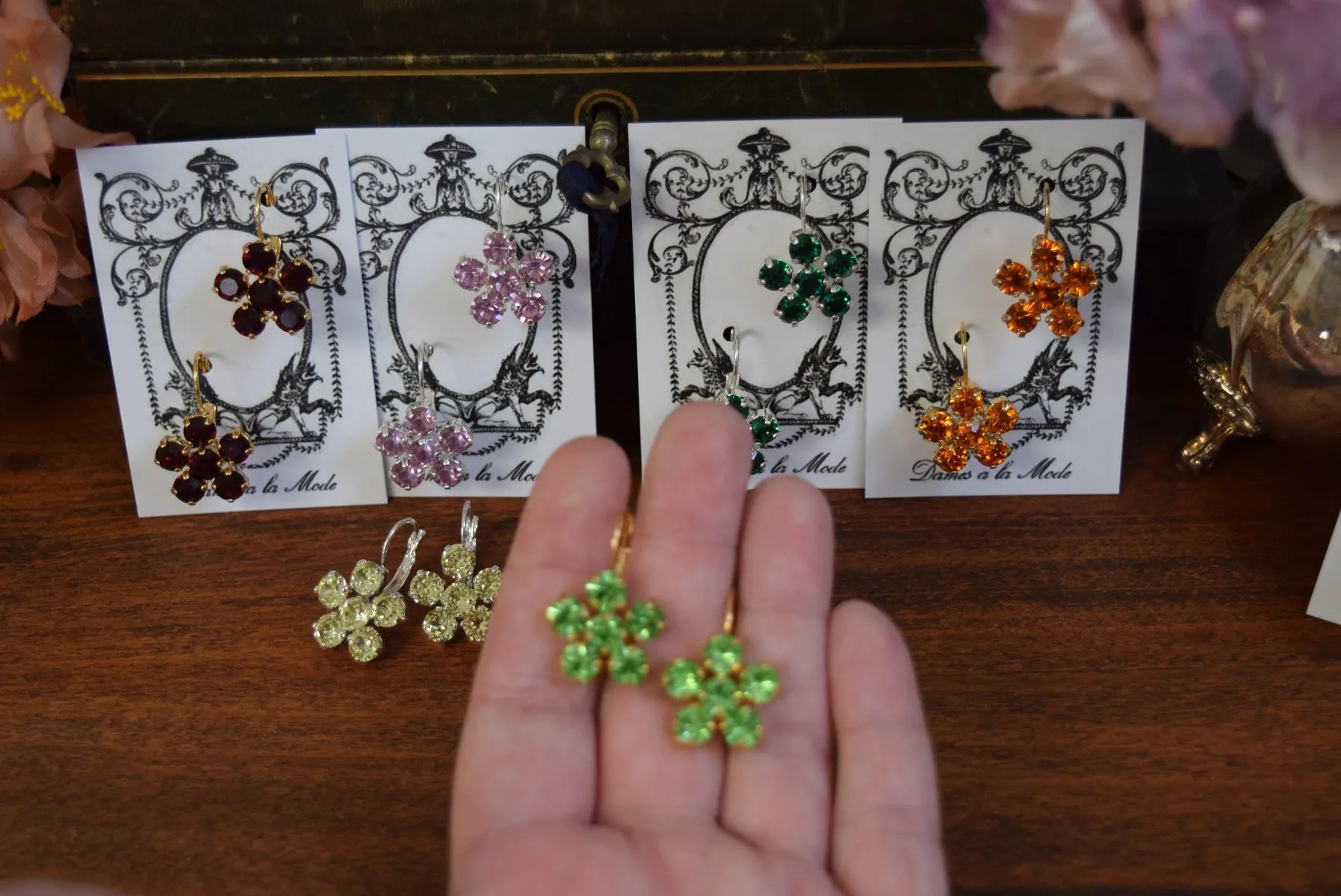 Floral Earrings - Swarovski Tiny Round Crystals