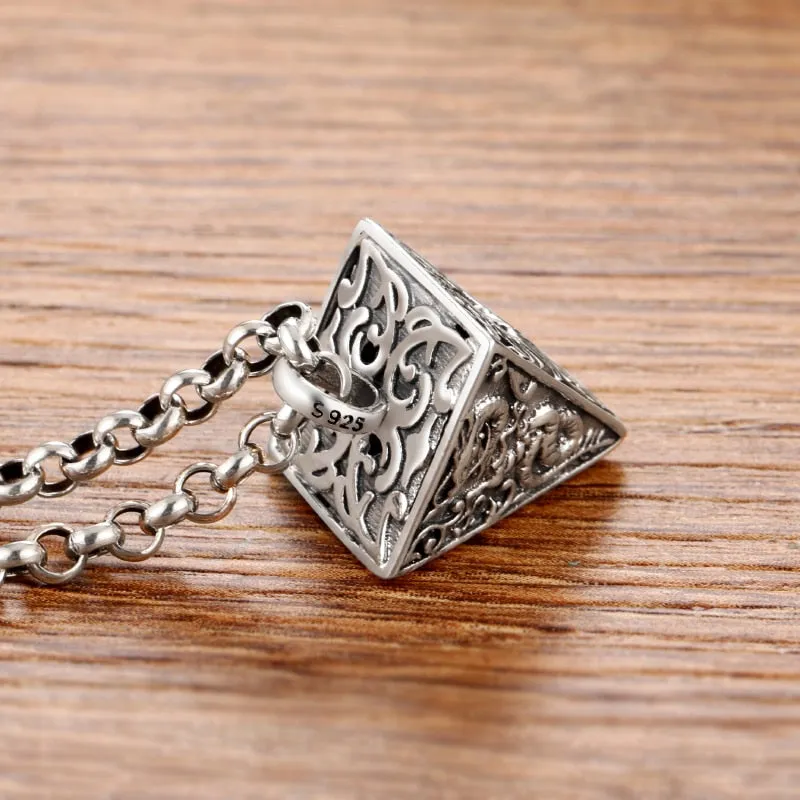 Four God Beasts Pyramid 925 Sterling Silver Vintage Punk Biker Pendant Necklace