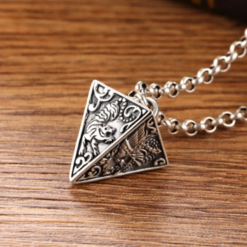 Four God Beasts Pyramid 925 Sterling Silver Vintage Punk Biker Pendant Necklace