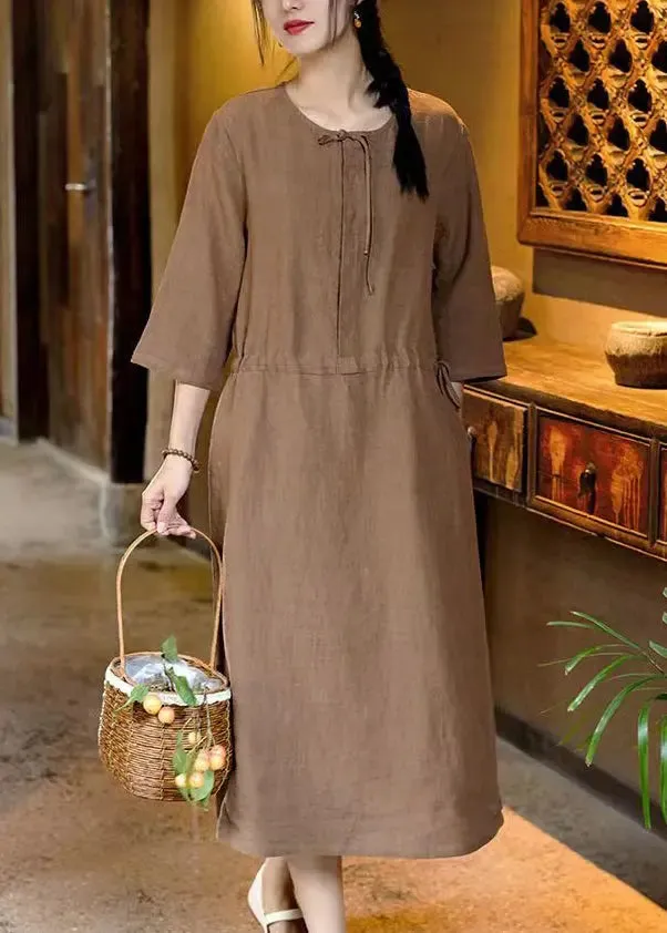 French Caramel Pockets Waist Linen Dresses Bracelet Sleeve CG1043