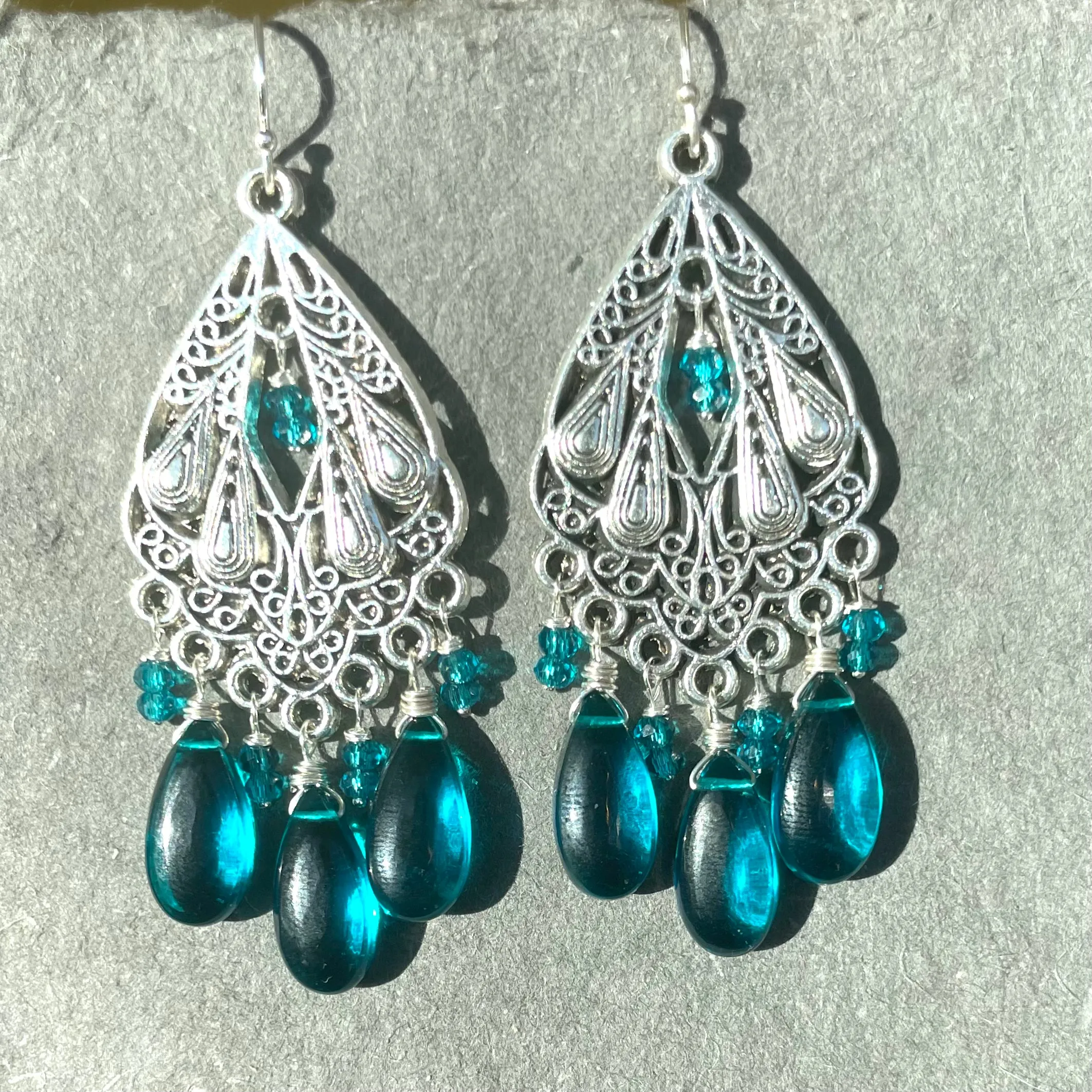 Gilded Age Art Deco Teal Chandelier Earrings