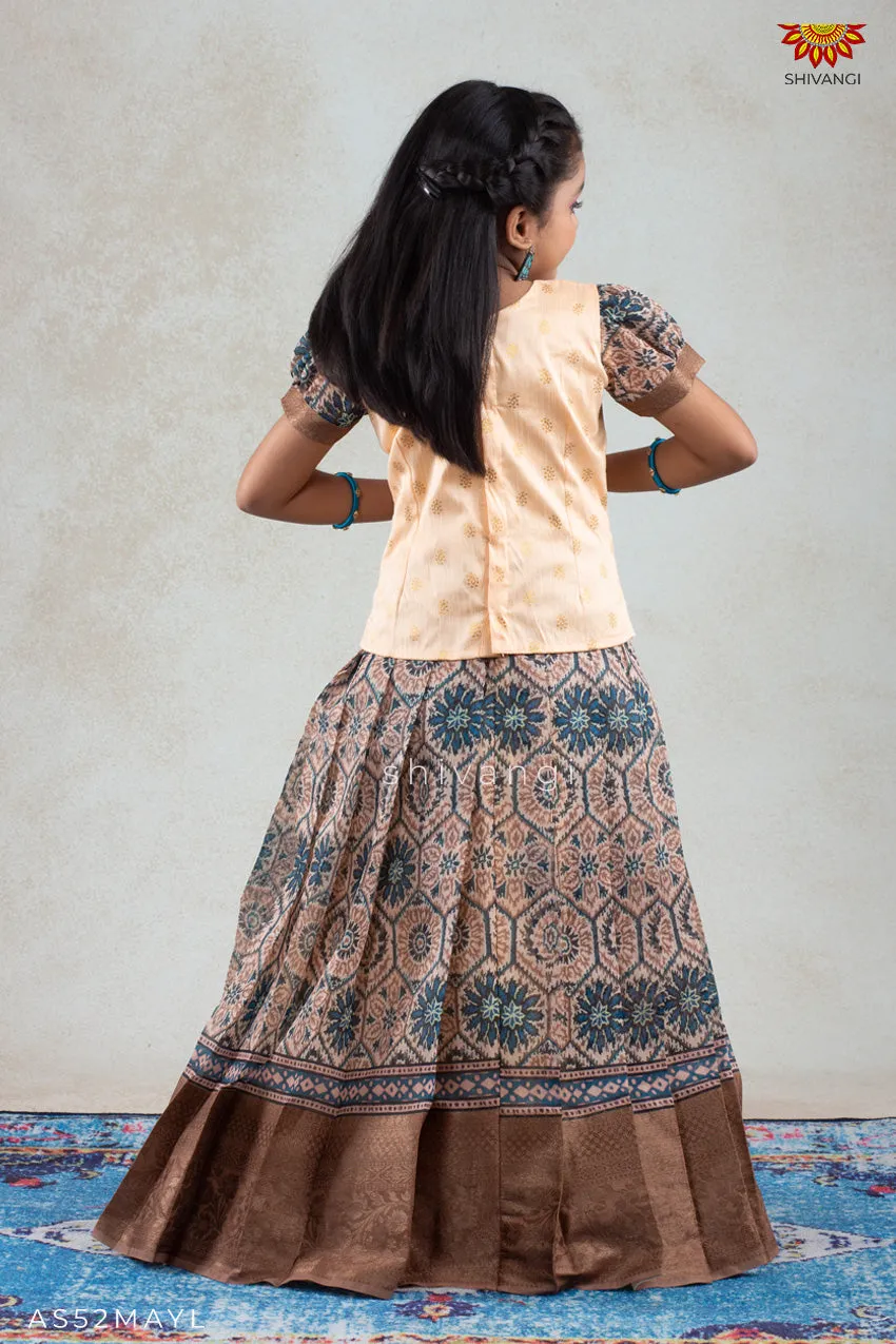 Girls Mustard Yellow Floral Honeycomb  Pattu Pavadai | langa