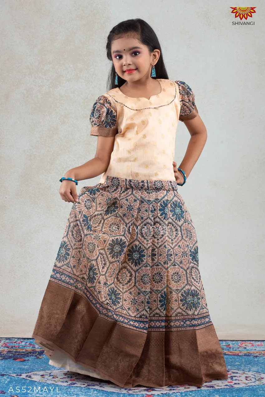 Girls Mustard Yellow Floral Honeycomb  Pattu Pavadai | langa