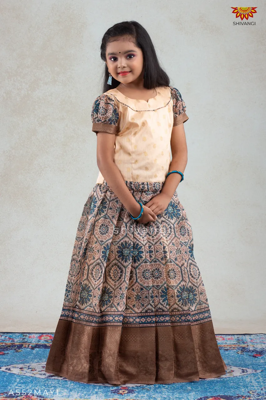 Girls Mustard Yellow Floral Honeycomb  Pattu Pavadai | langa