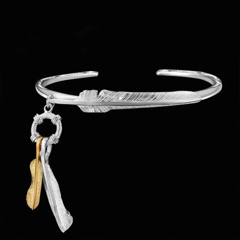 Gold and Silver Feather 925 Sterling Silver Vintage Bracelet