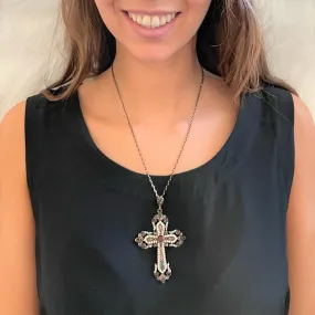 Gold Ornate Crystal Religious Cross Necklace