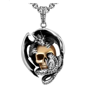 Gold-Plated Skull and Dragon 925 Sterling Silver Vintage Punk Rock Biker Pendant Necklace