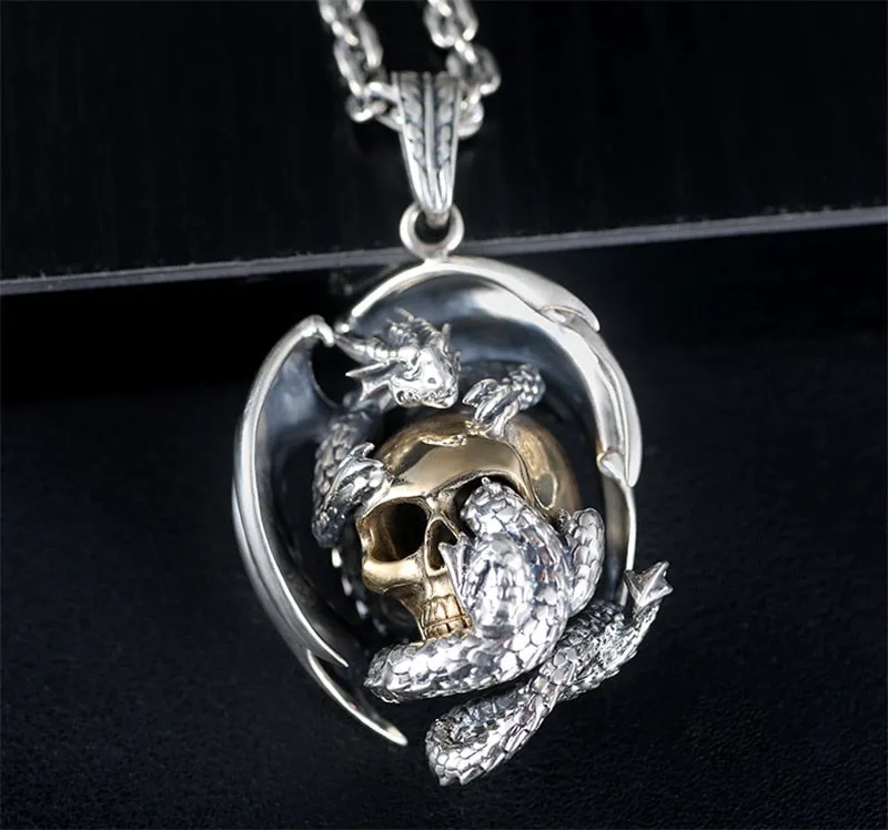 Gold-Plated Skull and Dragon 925 Sterling Silver Vintage Punk Rock Biker Pendant Necklace