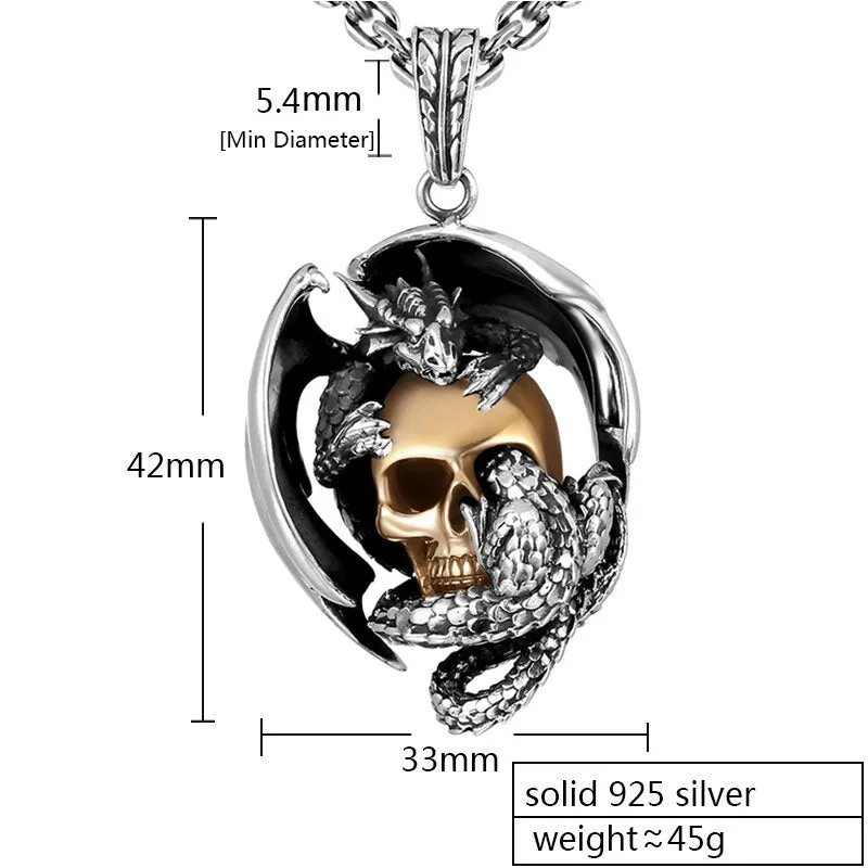 Gold-Plated Skull and Dragon 925 Sterling Silver Vintage Punk Rock Biker Pendant Necklace