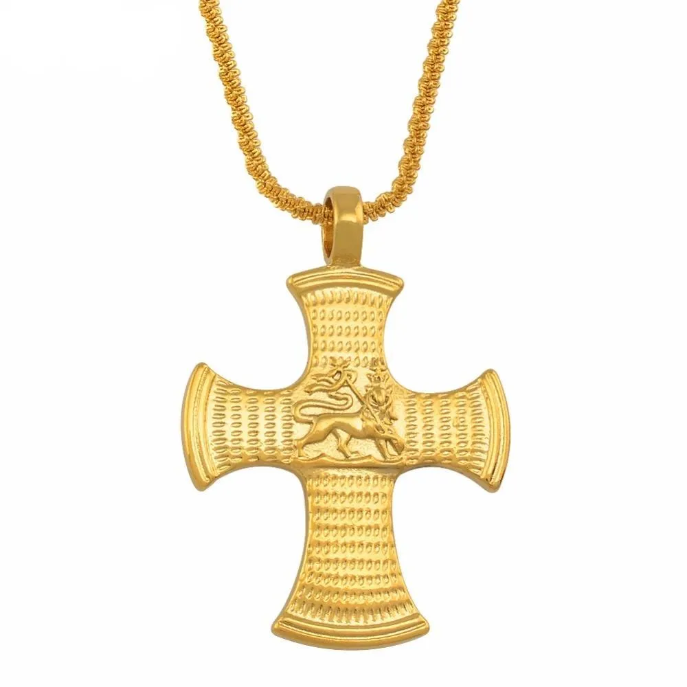 Golden Ethiopian Cross Pendant Necklace with Lion of Judah Engraving