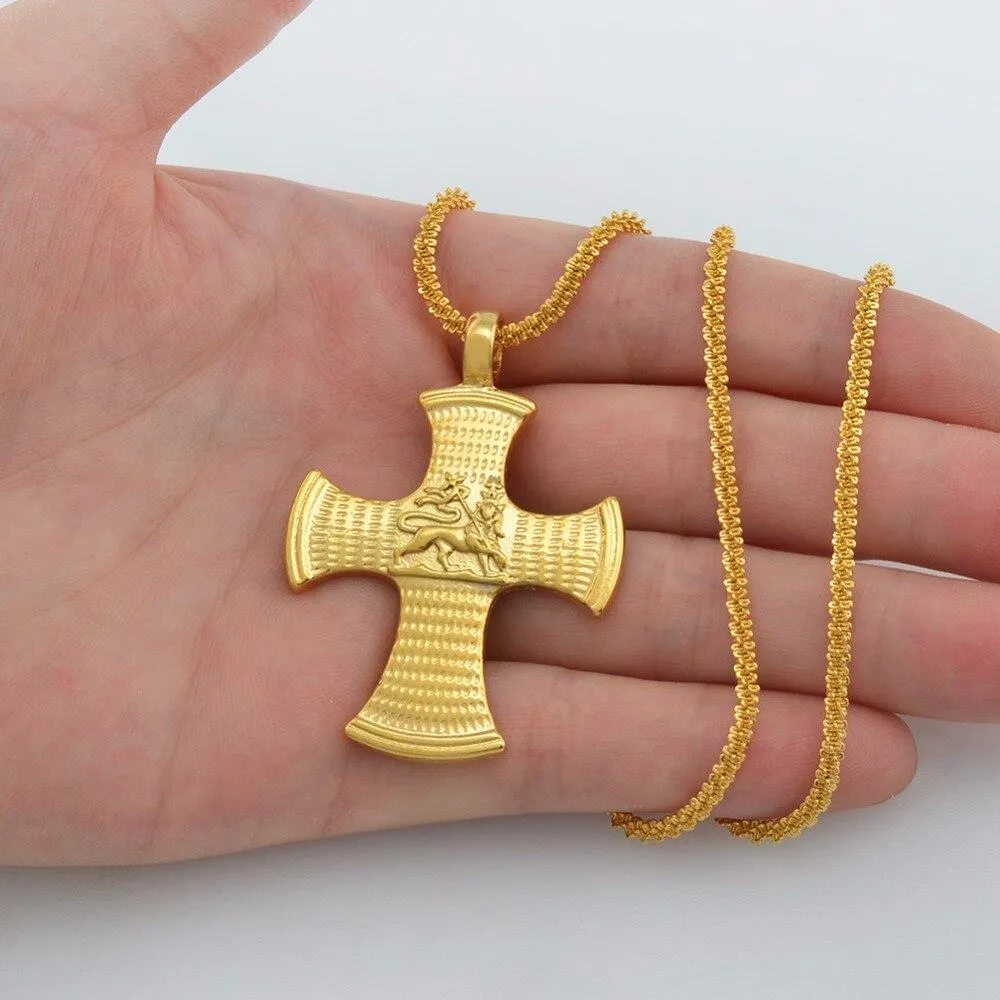 Golden Ethiopian Cross Pendant Necklace with Lion of Judah Engraving