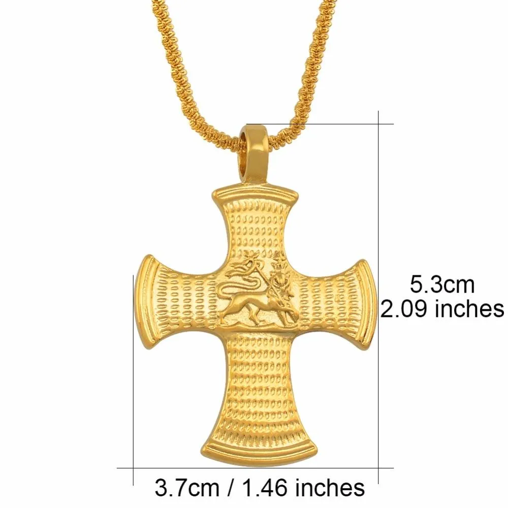 Golden Ethiopian Cross Pendant Necklace with Lion of Judah Engraving