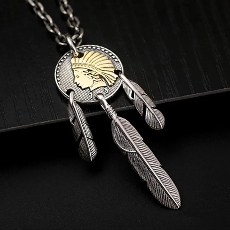 Golden Indian Chief Feather 925 Sterling Silver Vintage Punk Pendant Necklace