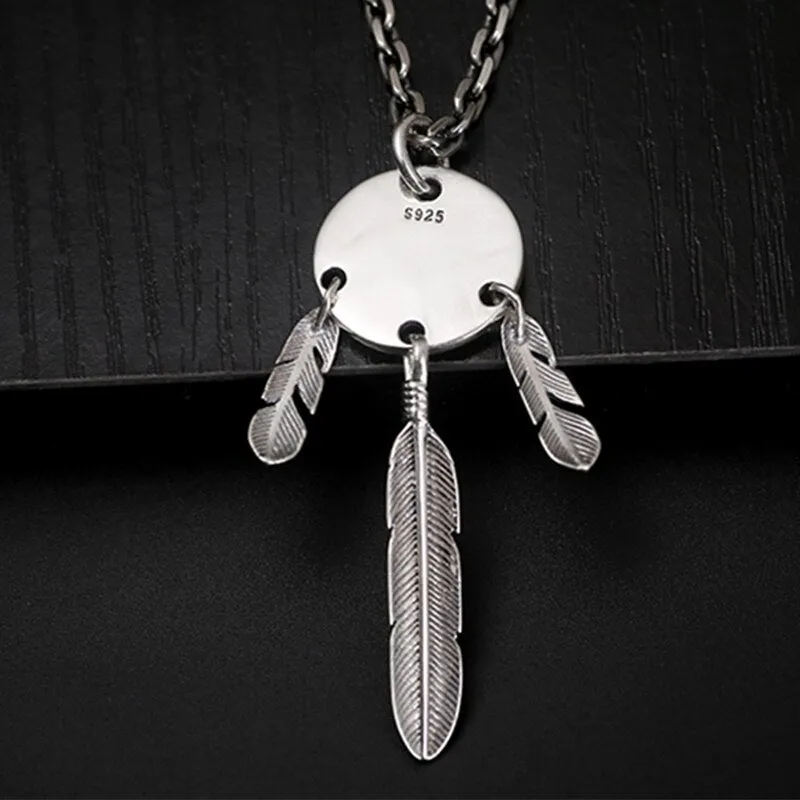 Golden Indian Chief Feather 925 Sterling Silver Vintage Punk Pendant Necklace